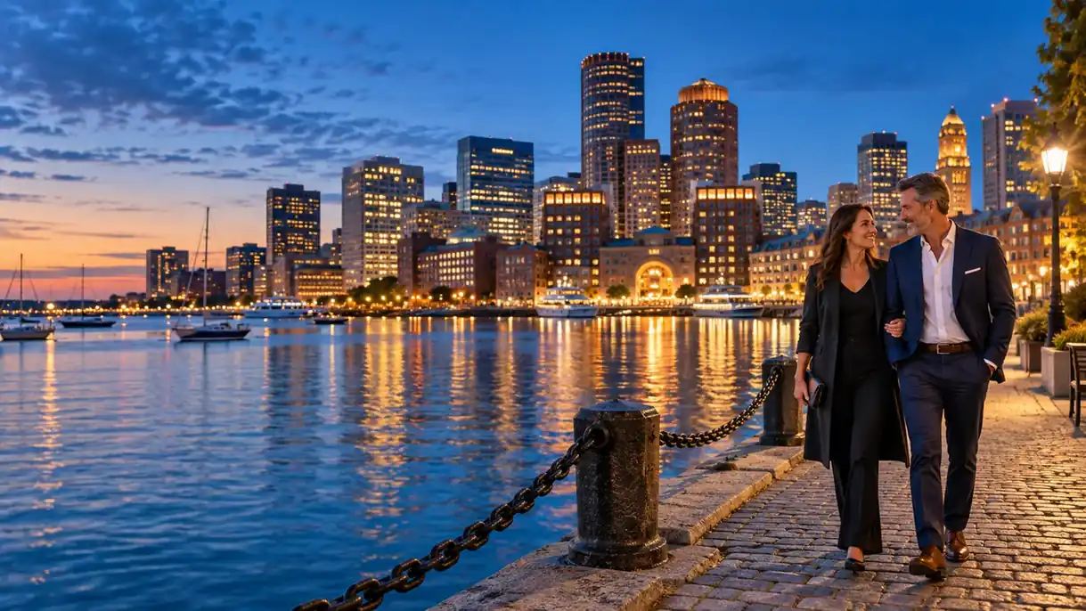 Boston Harbor at dusk, a polished setting for a waterfront date