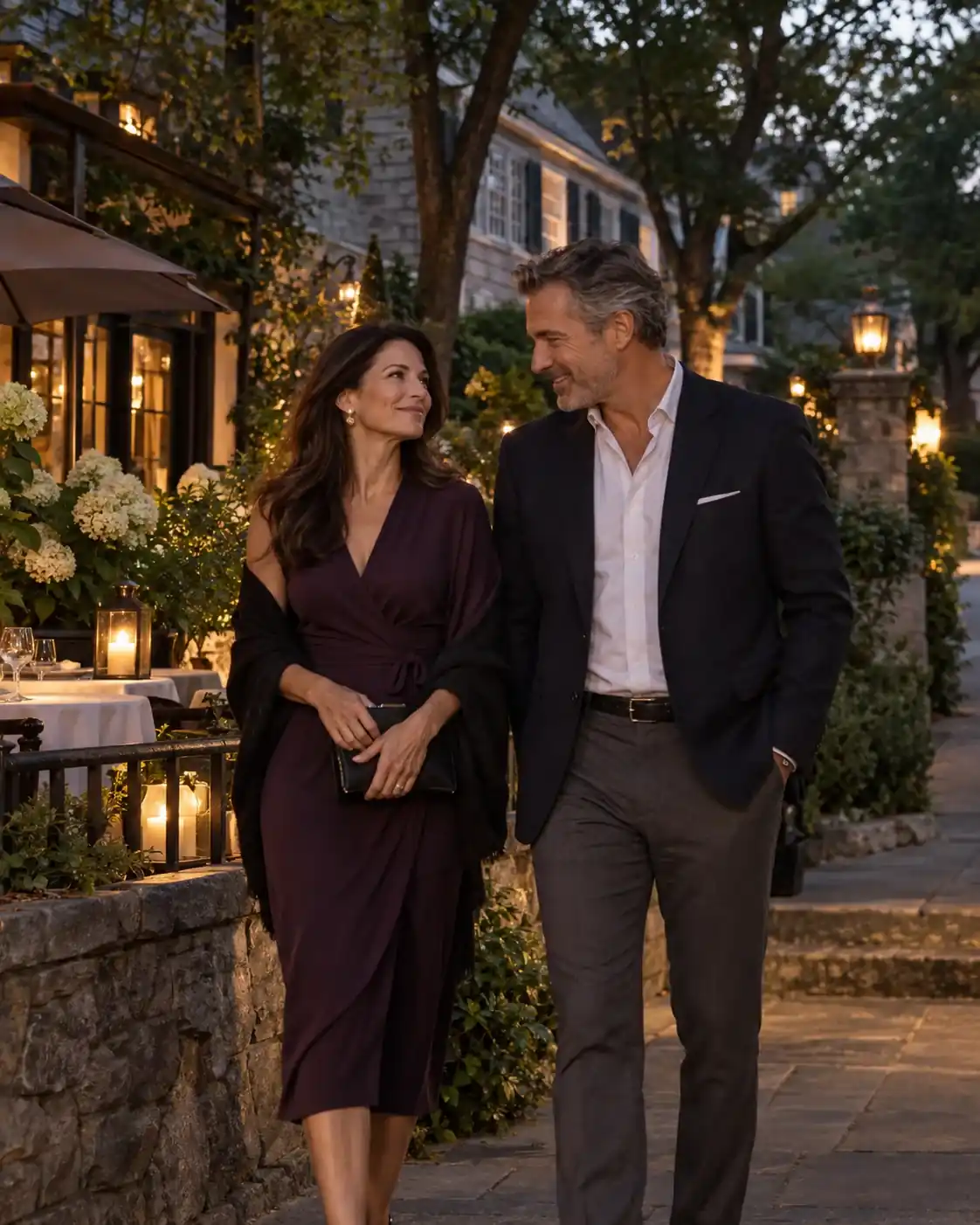 An adult couple beside a quiet Brookline dining terrace