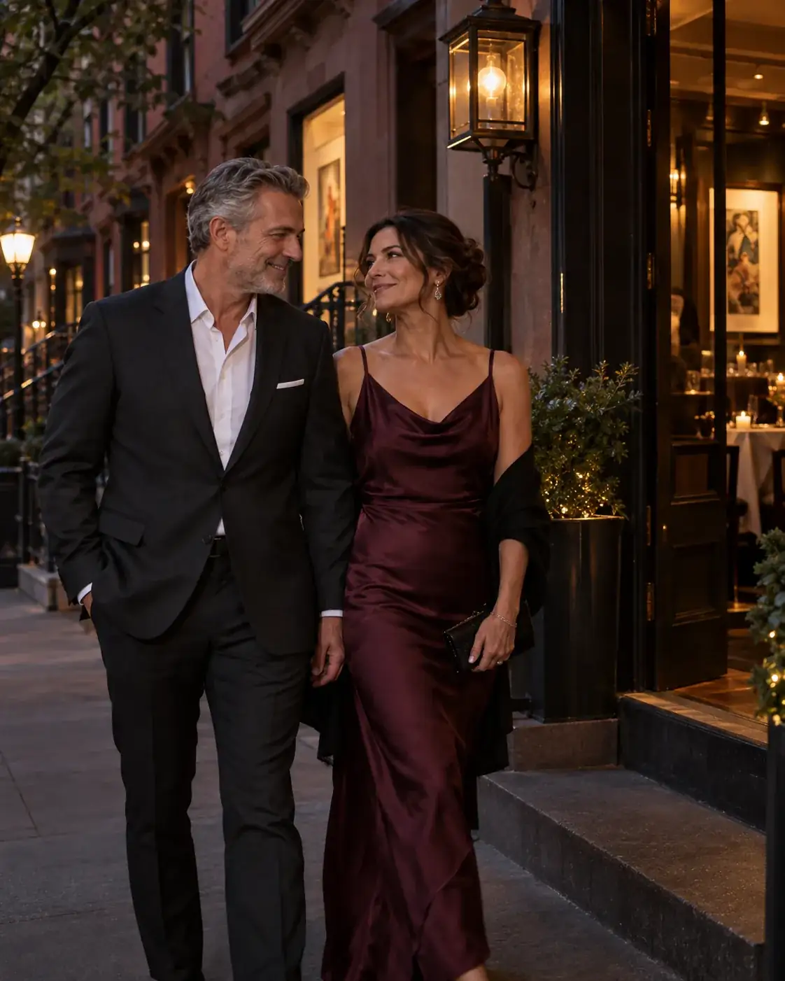 An adult couple arriving for dinner in the South End